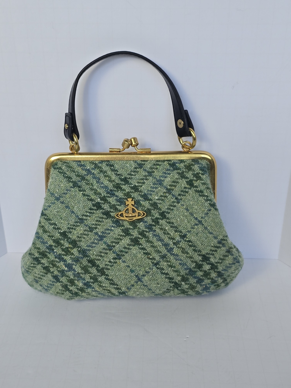 Vivienne Westwood Elena Green Plaid Granny Frame Kisslock Harris Tweed Wool Bag